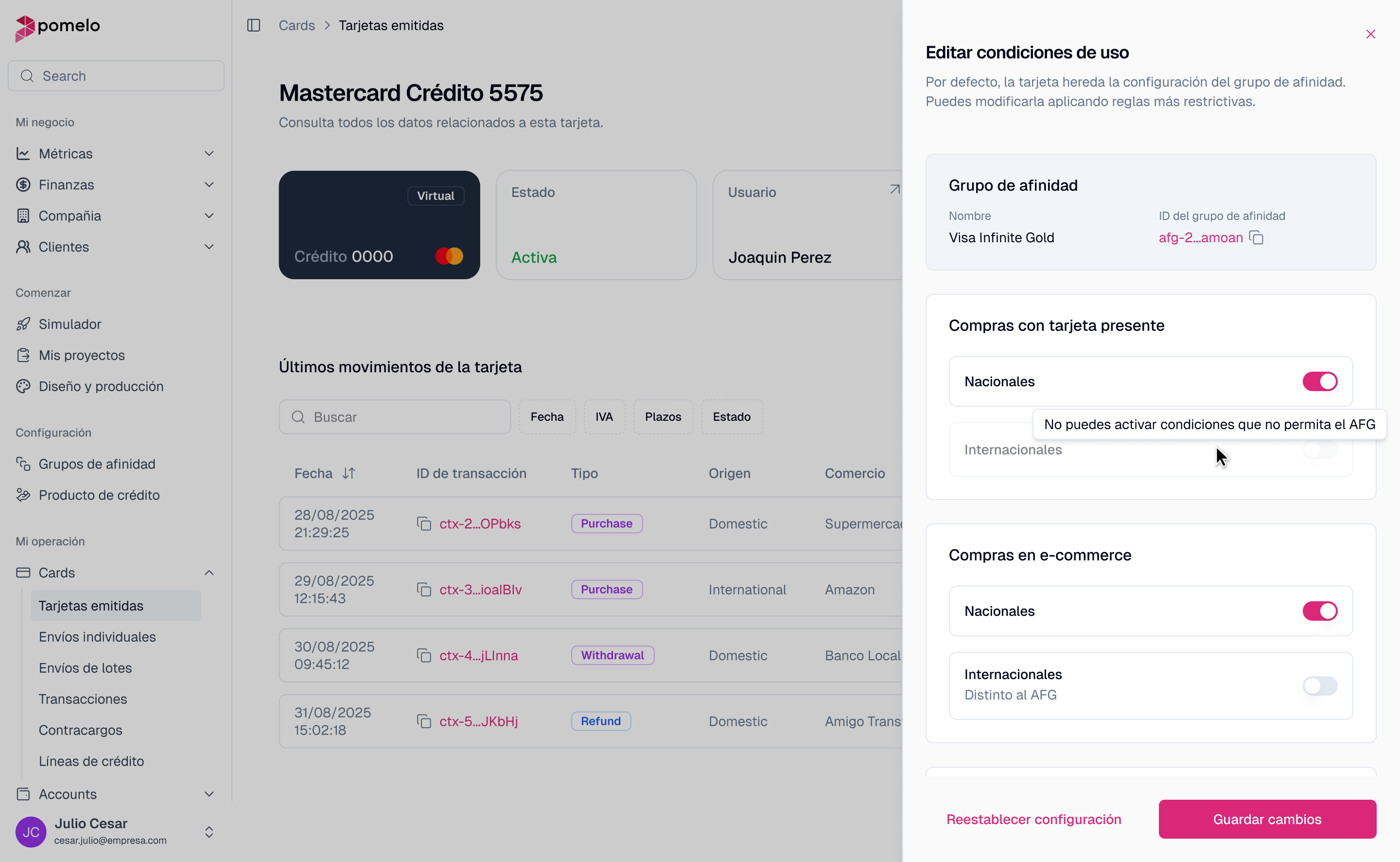 Detalle de tarjeta multi-app